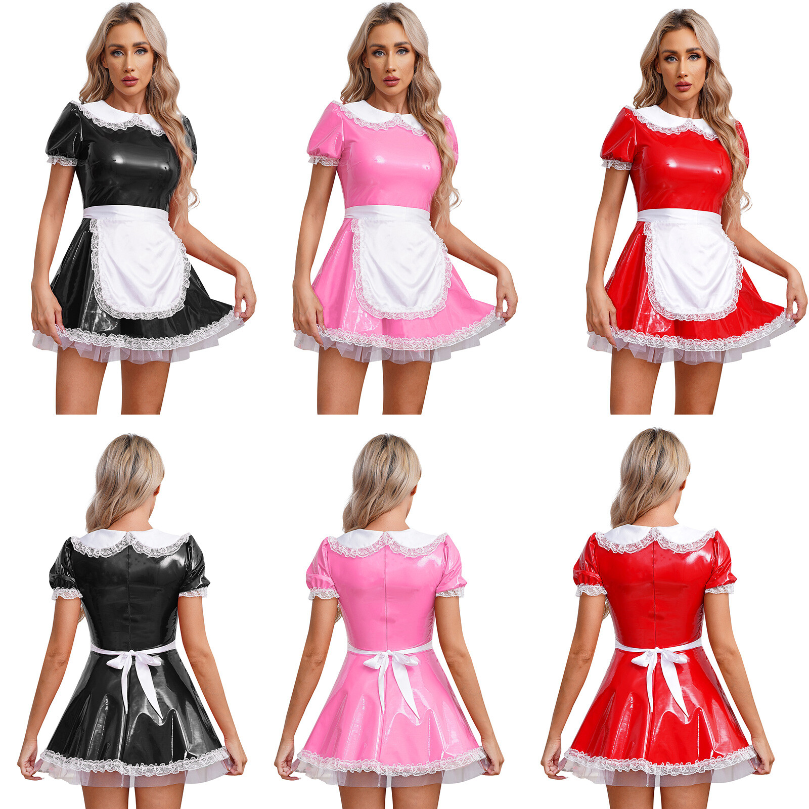 US Womens Uniform Outfit French Maid Costume A-Line Servant Dress Patent Leather