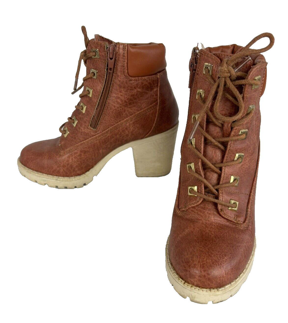 Zigi Soho Block Heel Booties Womens Size 6 Cognac Zipper and Lace-up Chunky Heel