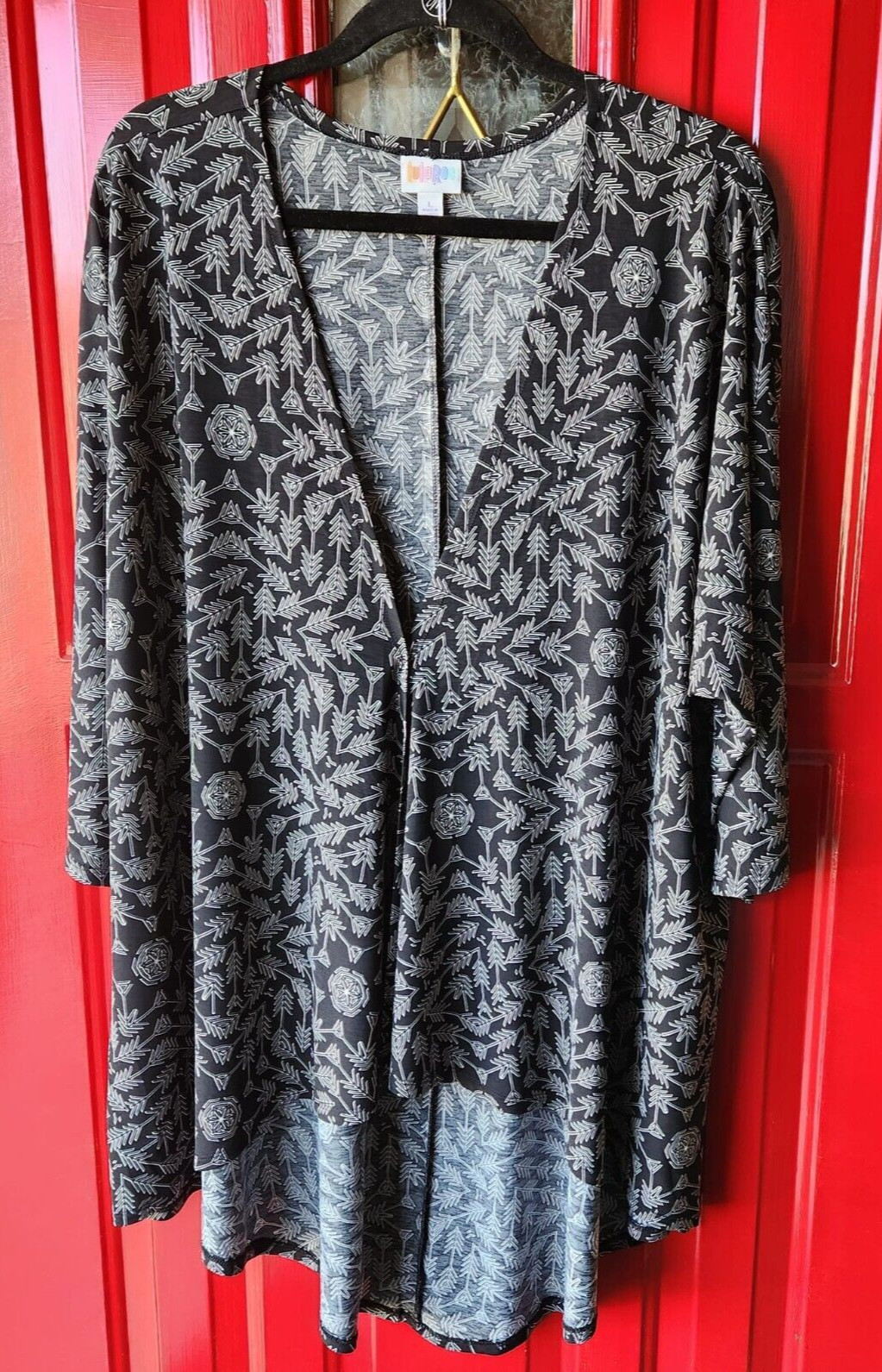 LULAROE Black & White Long Open Cardigan Jacket Duster Kimono Women’s size LARGE