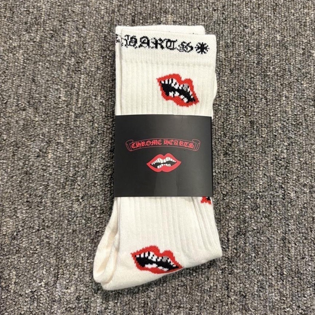 Chrome Hearts Men’s White Crew Socks Lips Logo Graphic Print Size L 1 Pair