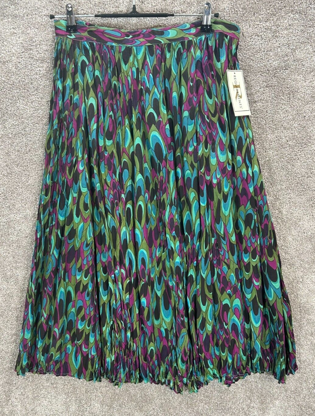 Requirements Skirt Medium Purple Green Peacock Print Crinkle Elastic Waist NWT