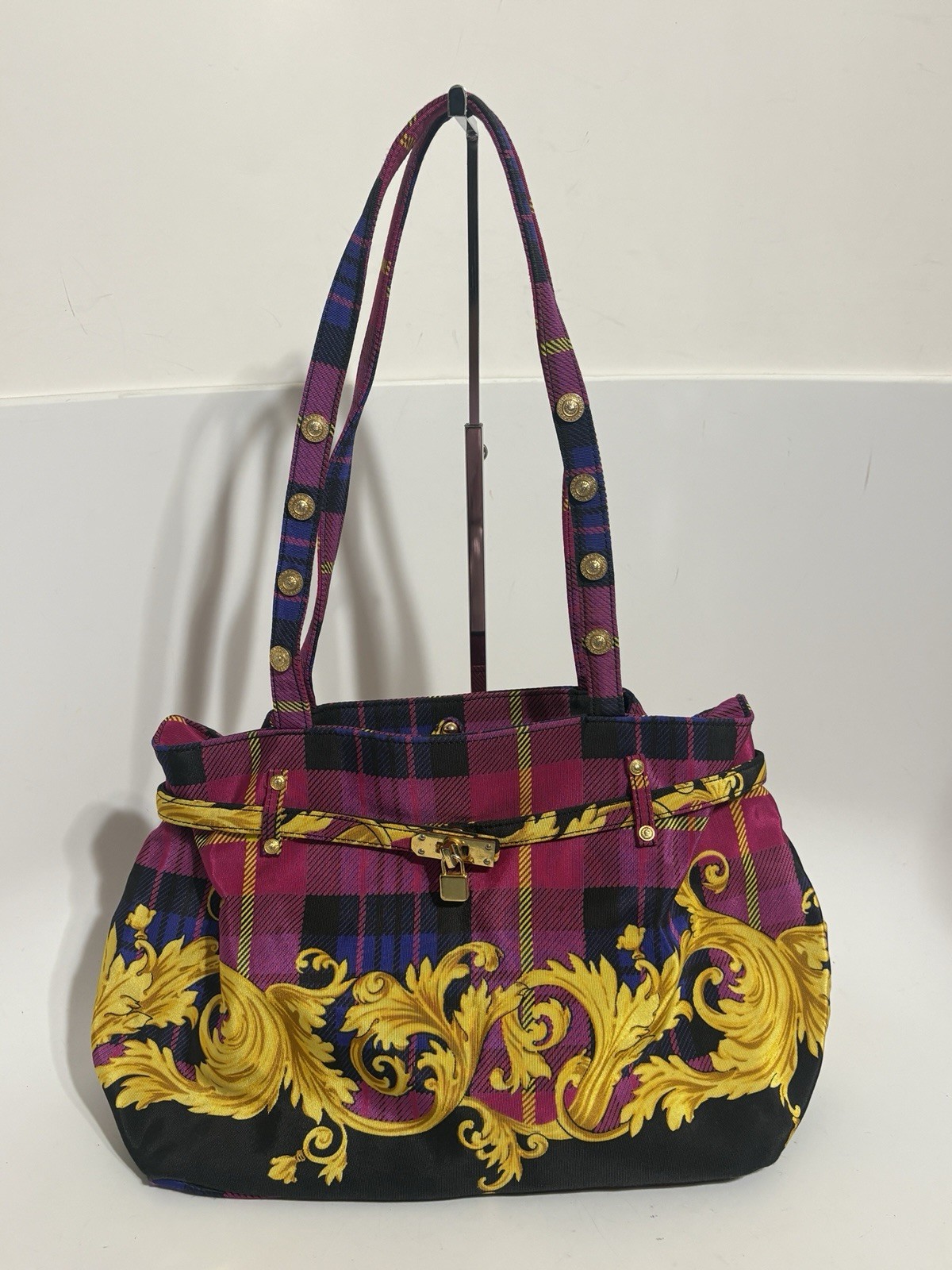 Vtg Gianni Versace Pink Plaid Baroque Shoulder Bag