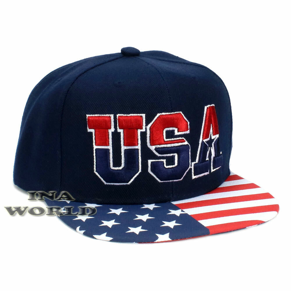 USA Flag Hat Stars and Stripes Flag Flat Bill Snapback Baseball Cap- Navy Blue