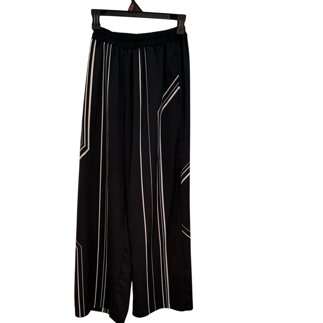 Boho navy White Striped Wide Leg dress Pants Elastic Waist Geometric Pinstripe