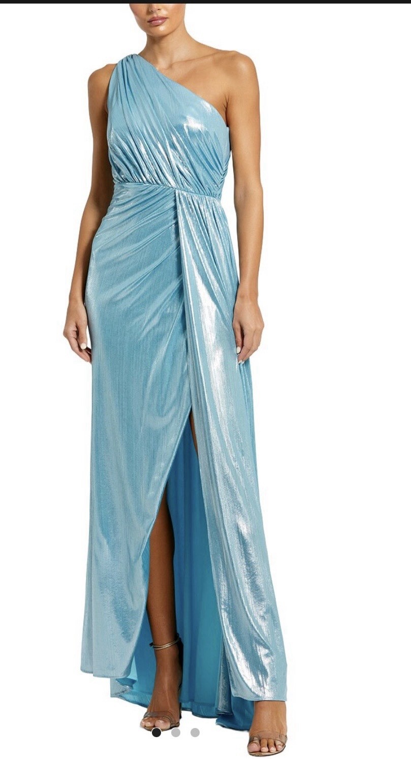 Mac Duggal Blue Solid One-Shoulder Pleated Sleeveless Long size 4 $398