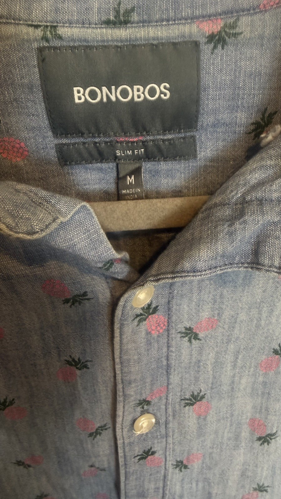Bonobos Slim Fit Men’s Medium Blue Pink Pineapple Short Sleeve Button Up Shirt