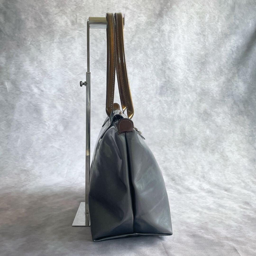 Longchamp Le Pliage Metallic Silver Gray Embossed Logo Tote Brown Trim Y2K Auth