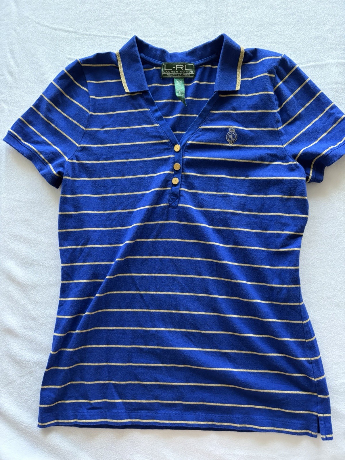 Lauren Active Ralph Lauren Women’s Blue/Gold Striped Polo Short Sleeve M
