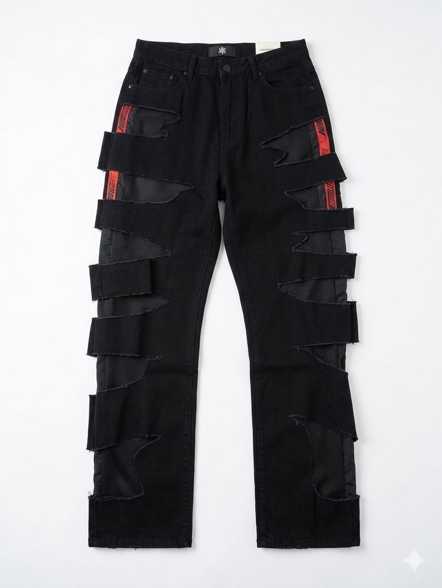 mnml Men’s Black/Red Dark Wash Baggy Straight Denim Jeans Strap size 33