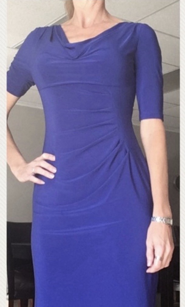 Lauren Ralph Lauren Blue Cowl Neck Ruched Sheath 3/4 Sleeve Jersey Dress 6