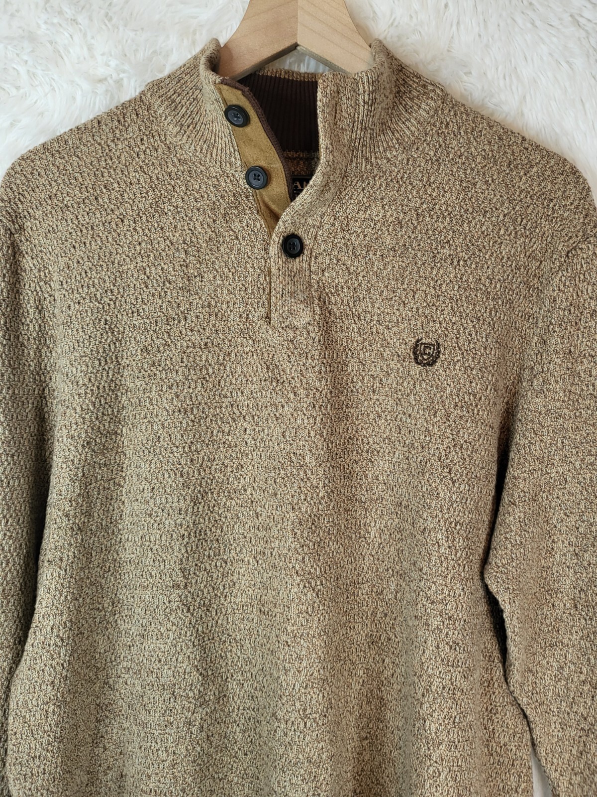 Chaps Mens Cardigan Sweater Henley Elbow Pads Size XL Tan