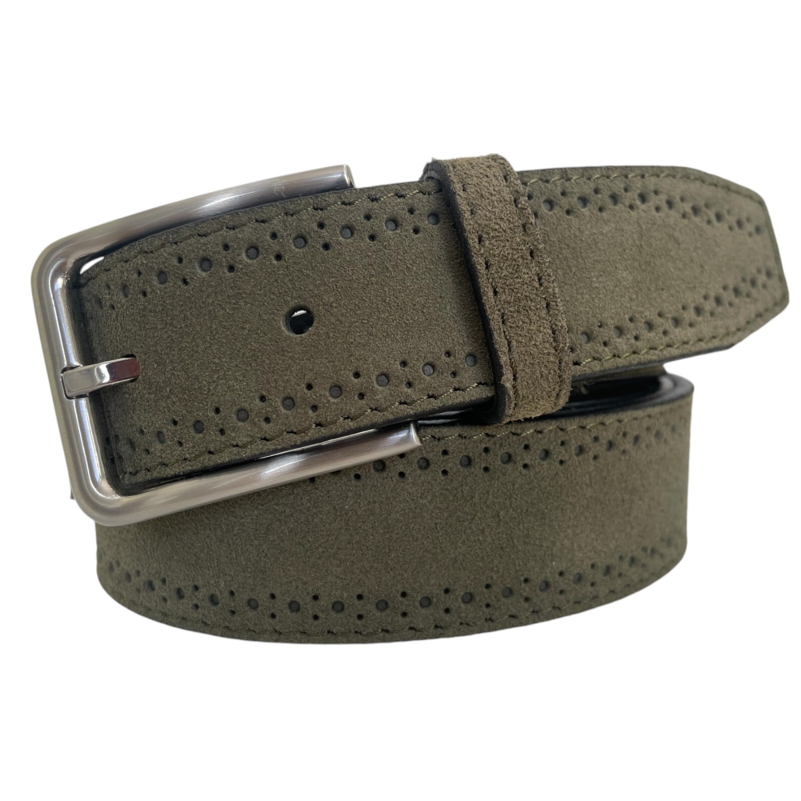 MENS ITALIAN SUEDE LEATHER BELT BROGUE OLIVE GREEN 35MM S M L XL XXL