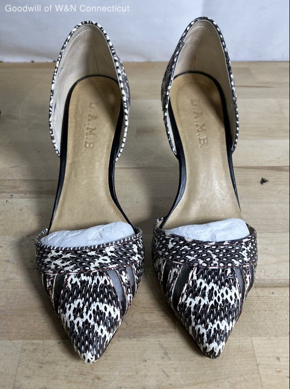 L.A.M.B. Black White Snakeskin Print D’Orsay Pointed Toe Heels Women’s Size 7.5M