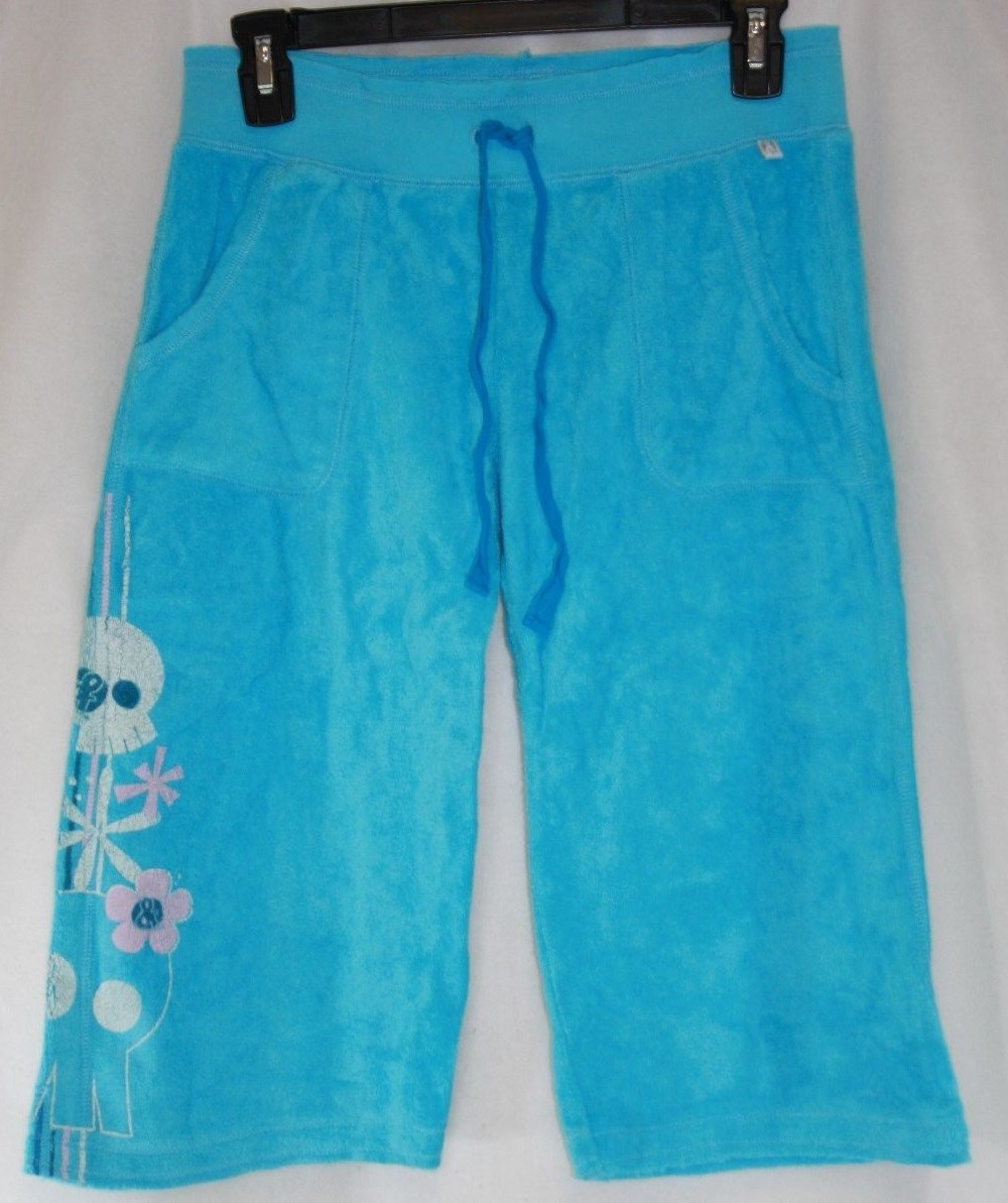 Womens Juniors David & Goliath Blue Skulls Terry Long Shorts Capri Lounge Pants