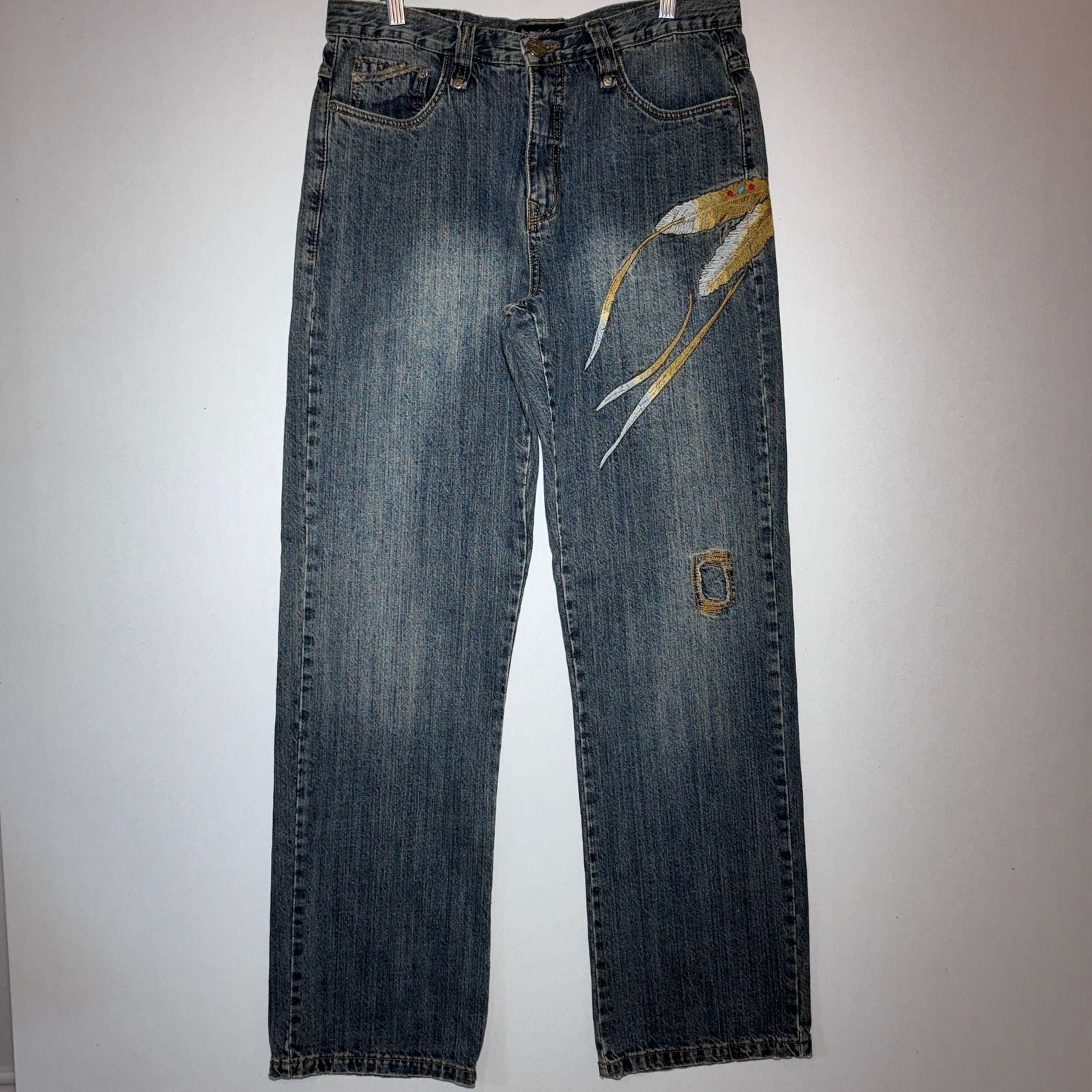 Y2K Miskeen Originals Men’s Embroidered Wing and Feather Denim Jeans Sz 33