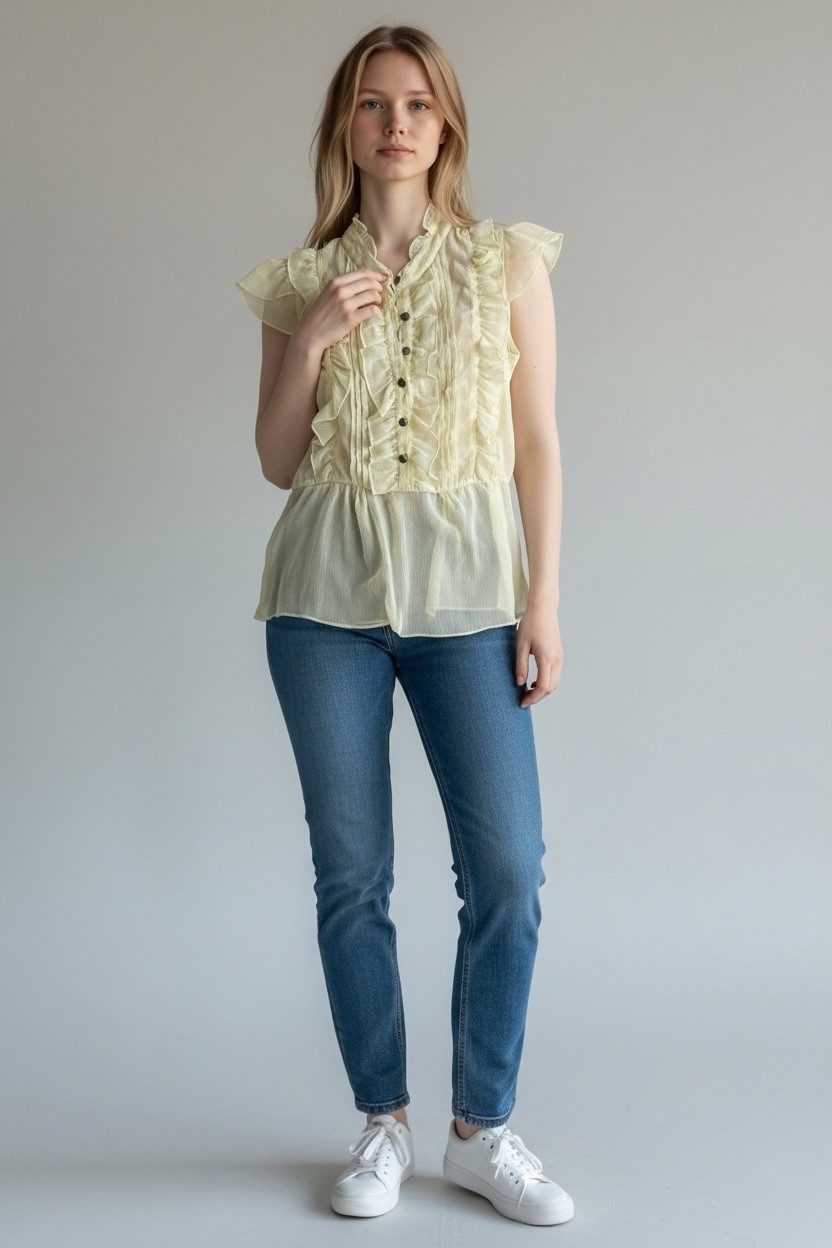 Dimri Sheer Ruffle Blouse Women’s Size M Yellow Button Front Romantic Chi