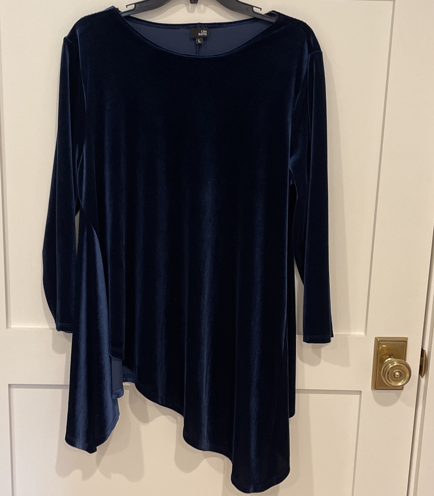 Lisa Bayne Velvet Top Womens Large Navy Blue Asymmetric Stretch Artsy Lagenlook