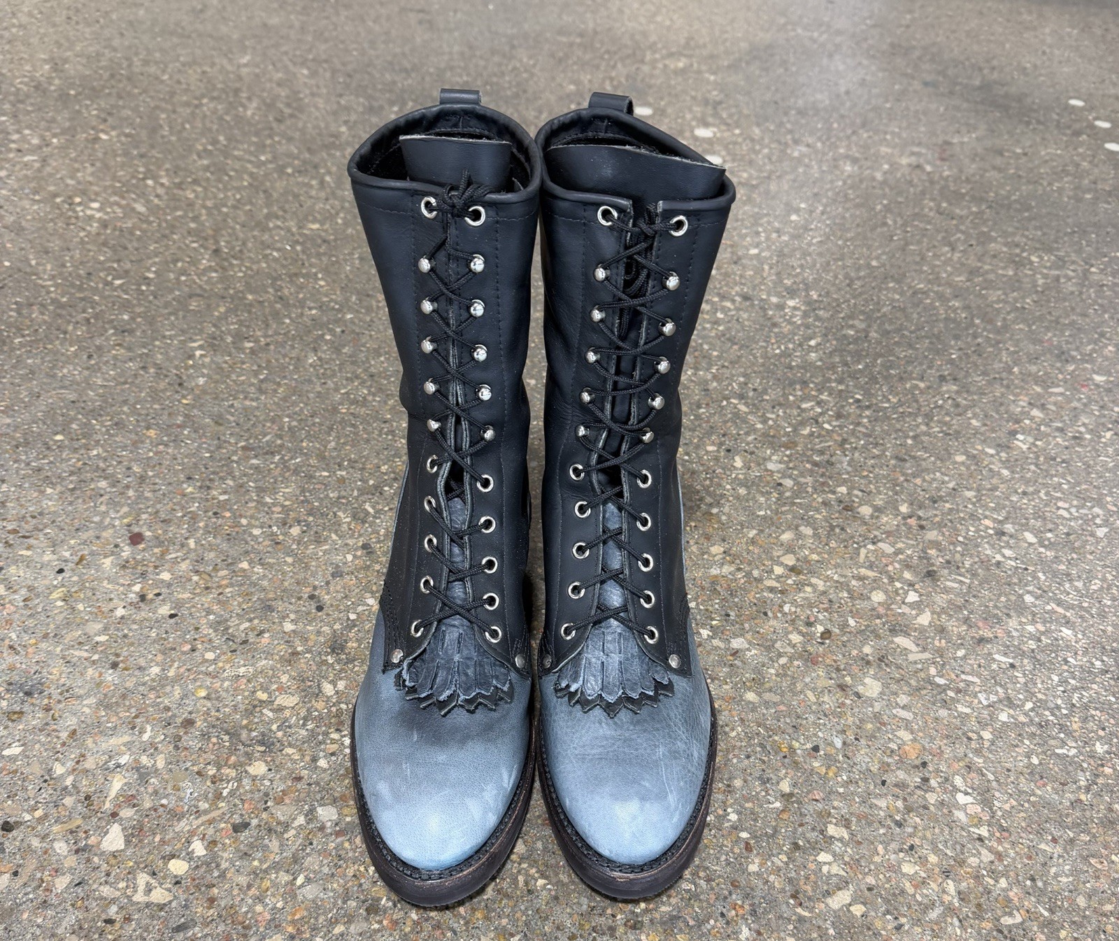 Vintage J Chisholm Packer Logger Boots Black Two Tone Kiltie Made In USA 8.5 D