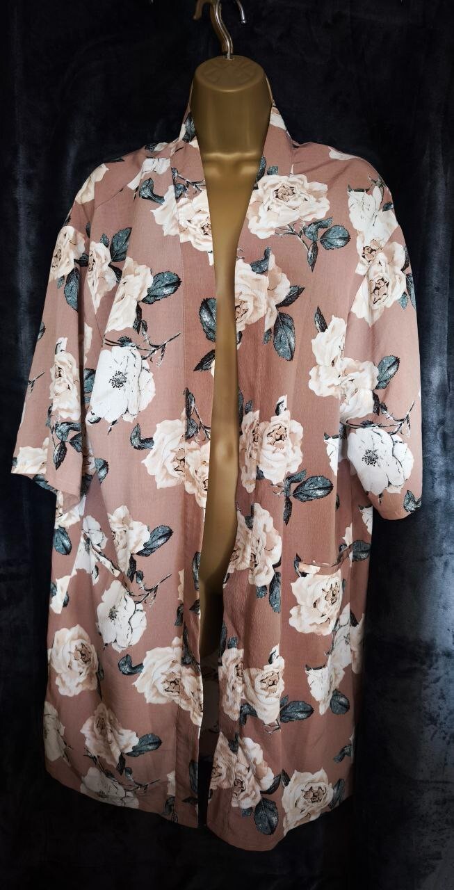 Floral Light Brown Cardigan with Short Sleeves Large / 12 UK Womens