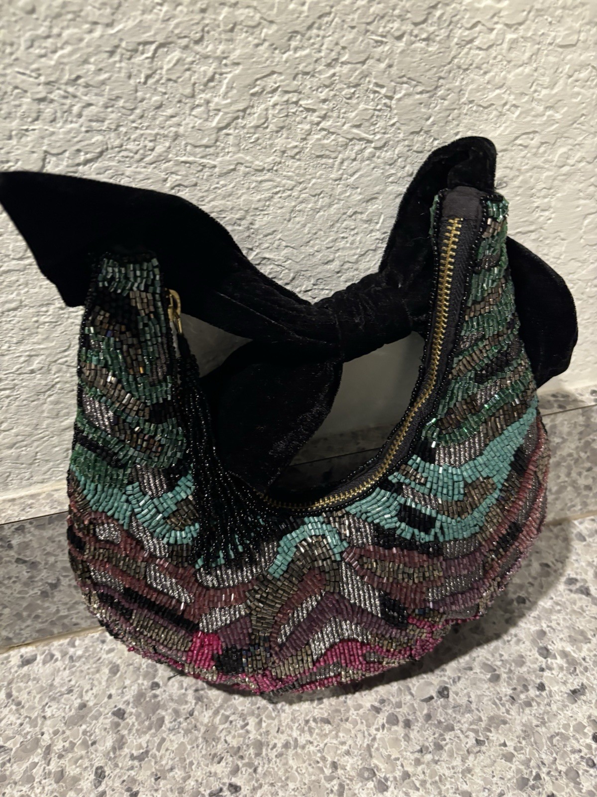 Beaded Shoulder Bag With Bow, Pink, Blue Purple Black ￼