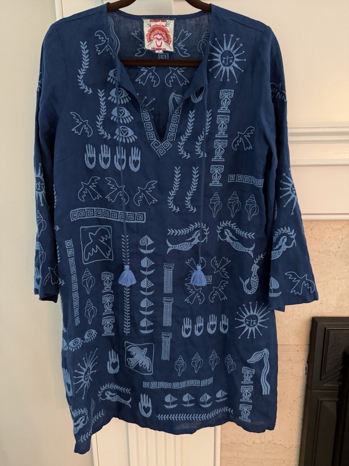 Johnny Was Women’s S Blue Embroidered Boho Bell Sleeve Tunic Linen Dress Size S
