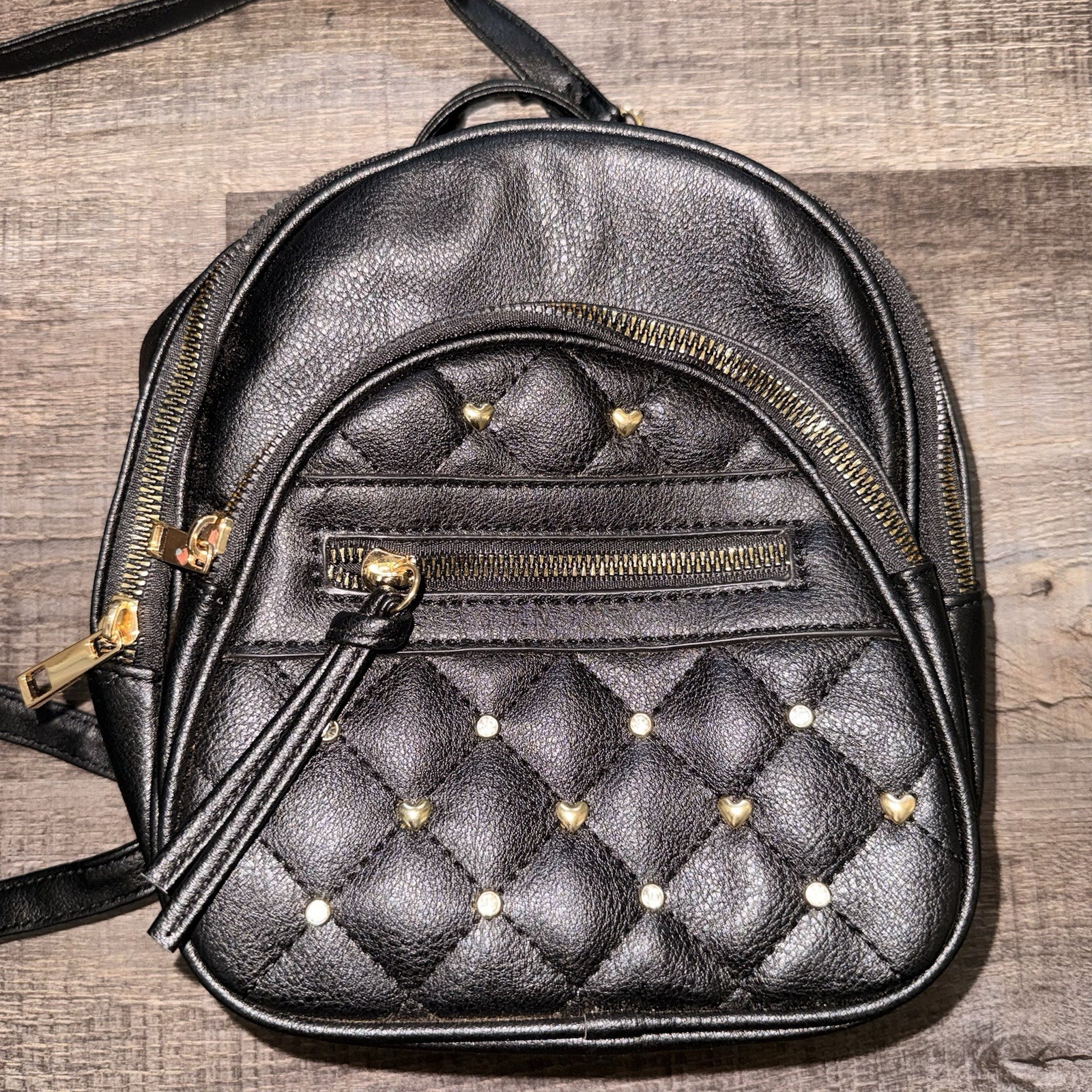 Street Level Black Quilted Mini Backpack Purse, Studs Zip, Edgy Coquette Grunge