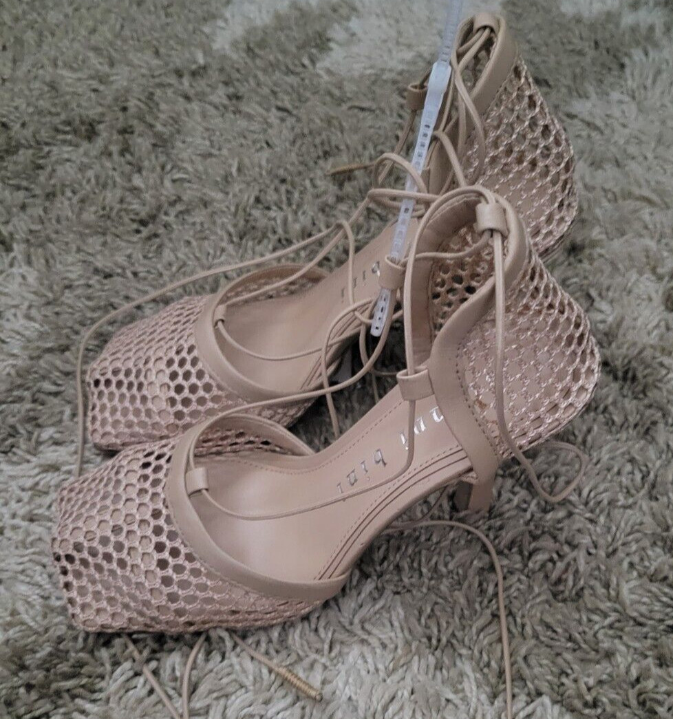 Gianni Bini Reagan Mesh And Leather Ankle Wrap Square Toe Pumps 5.5