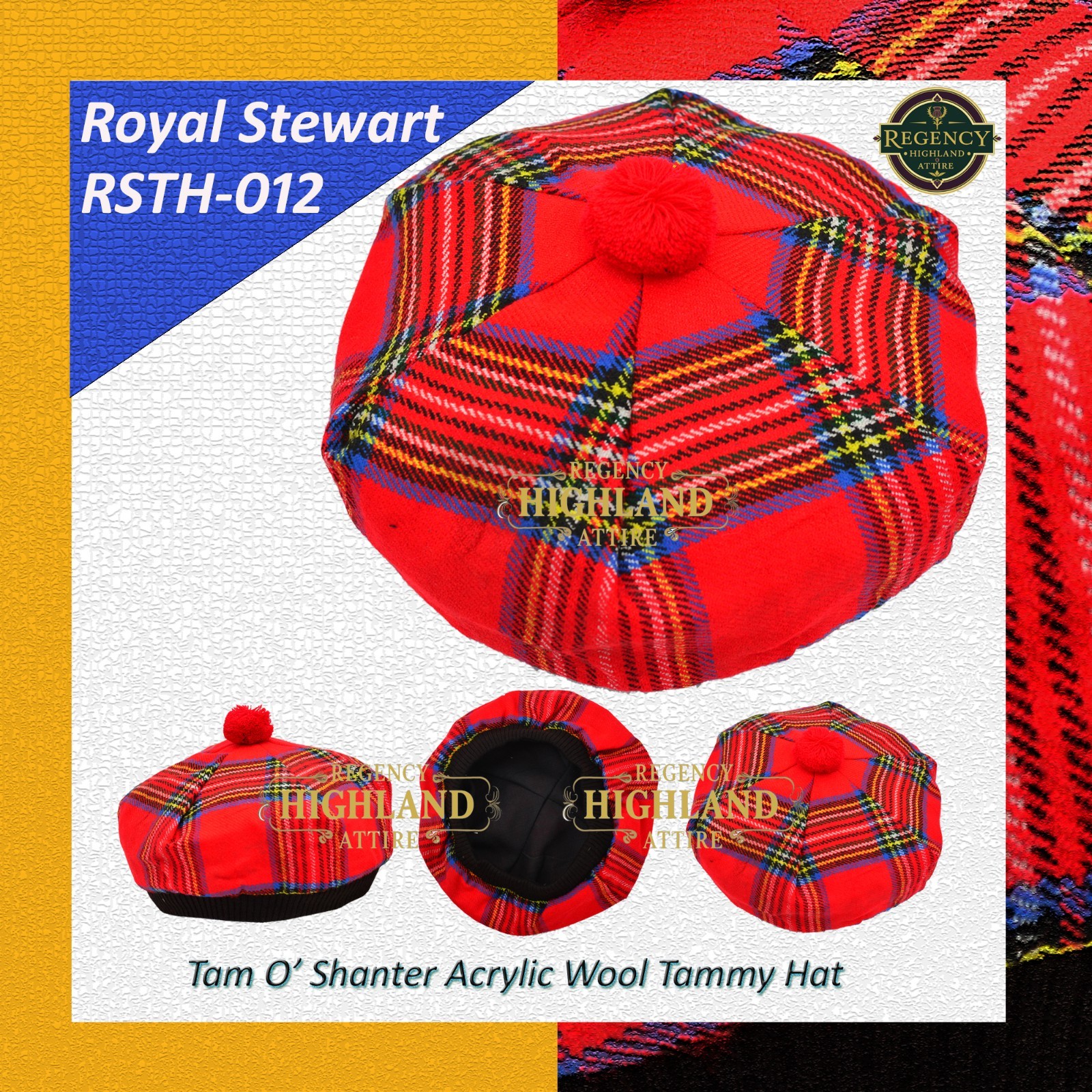Unisex Great Scottish Highland Tam O Shanter Hat Made of Acrylic Wool Tartan.