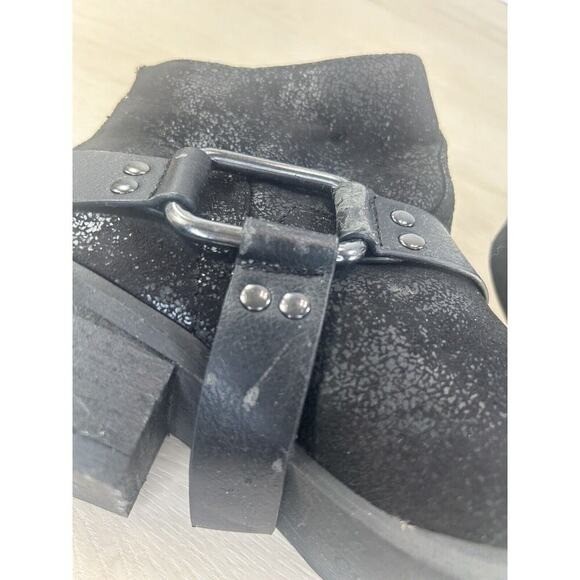 Black Textured Moto Ankle Boots Size 7 Harness Buckle Studded Back Zip Festival