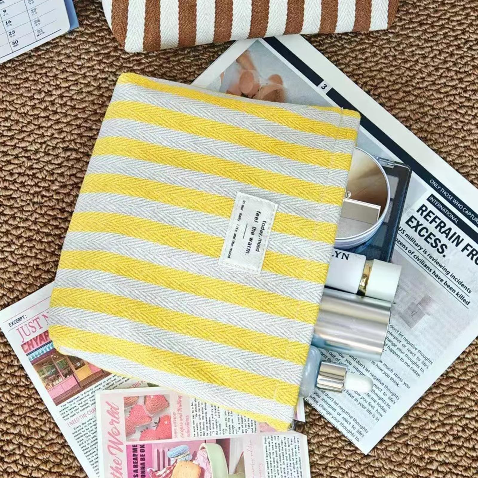 RSRSLEII Striped Canvas Makeup 9.8inches x6.3 inches x 2 inches, 03Yellow