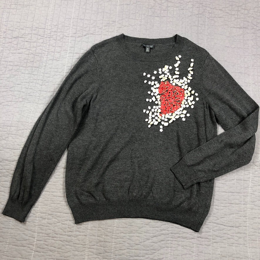The Limited Sweater Women XL Gray Cashmere Blend 3D Flowers Floral Cottage Core