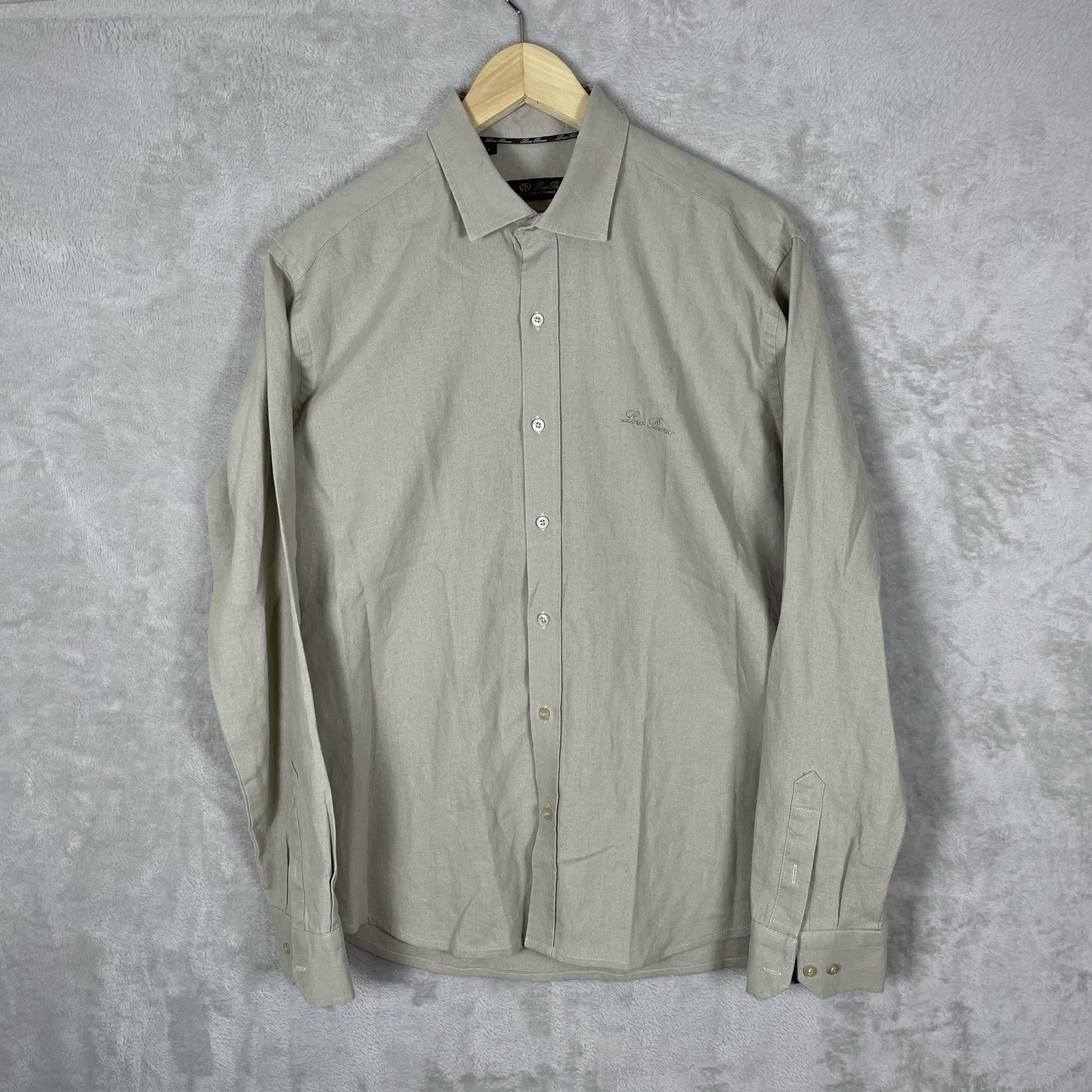 Loro Piana Shirt Mens Large 100% Linen Logo Embroidery Luxury Preppy Gray/Beige