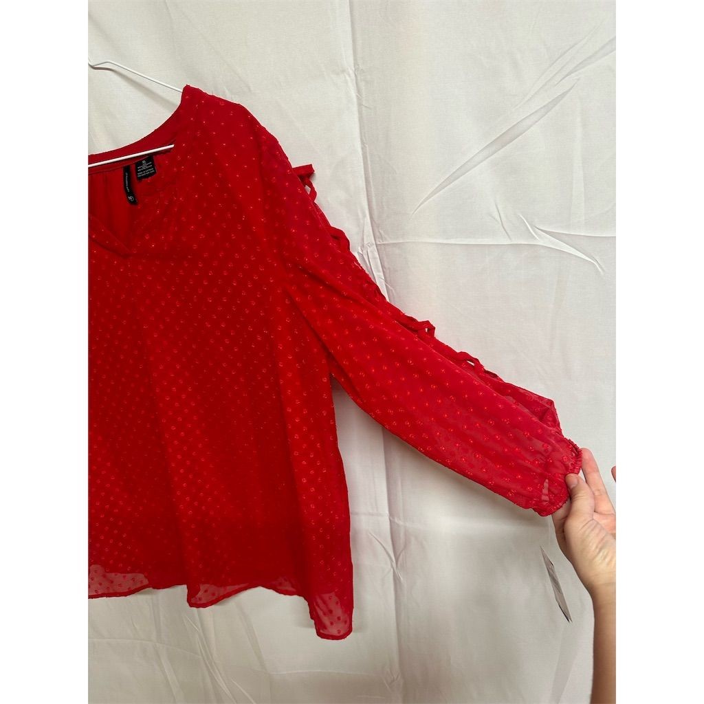 NWT New Directions XL Red Swiss Dot Sheer Sleeve Blouse Top Snagged