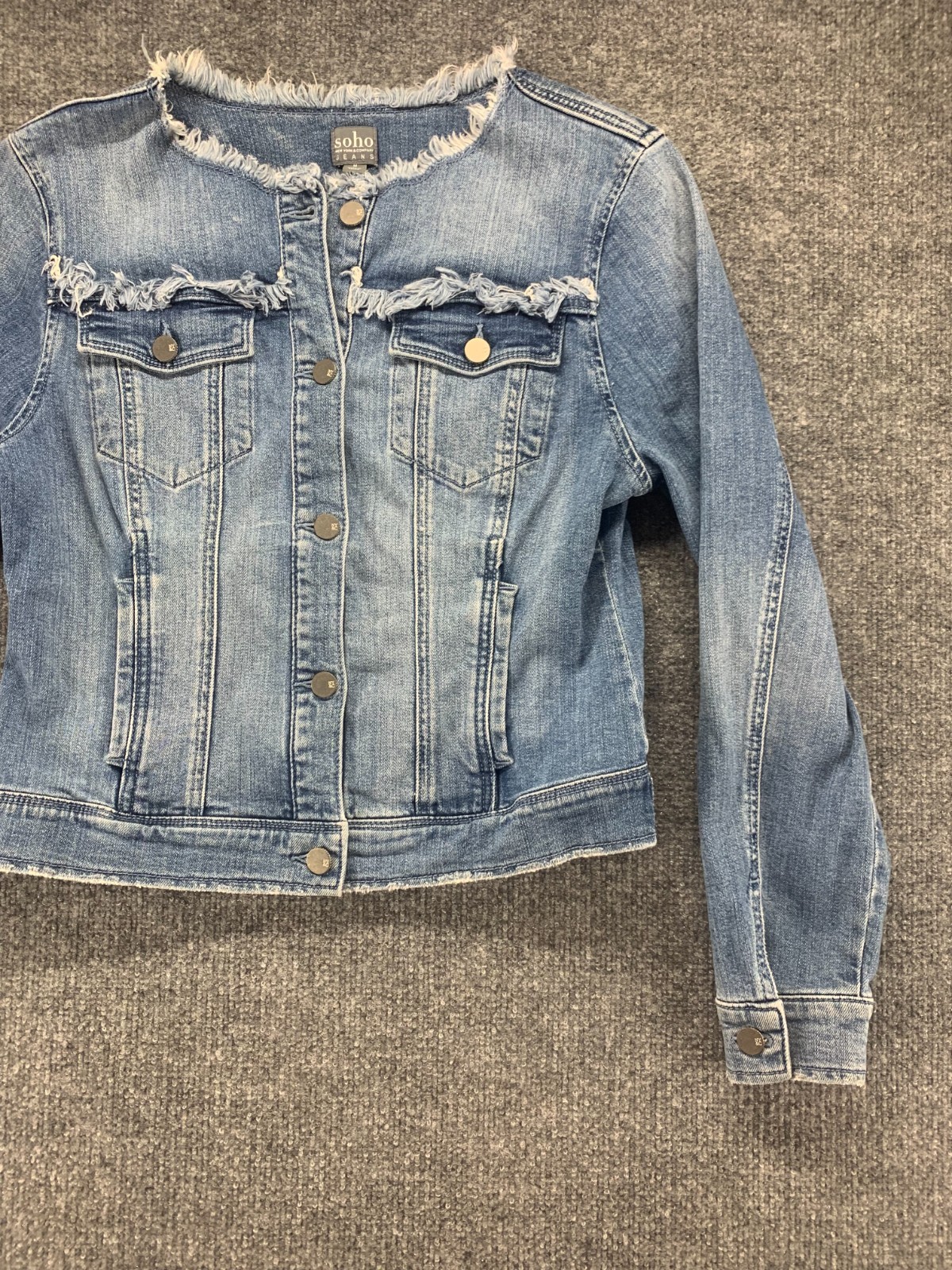 Soho Jacket Womens Medium M Blue Denim Jean Button Frayed Stretch Medium Wash
