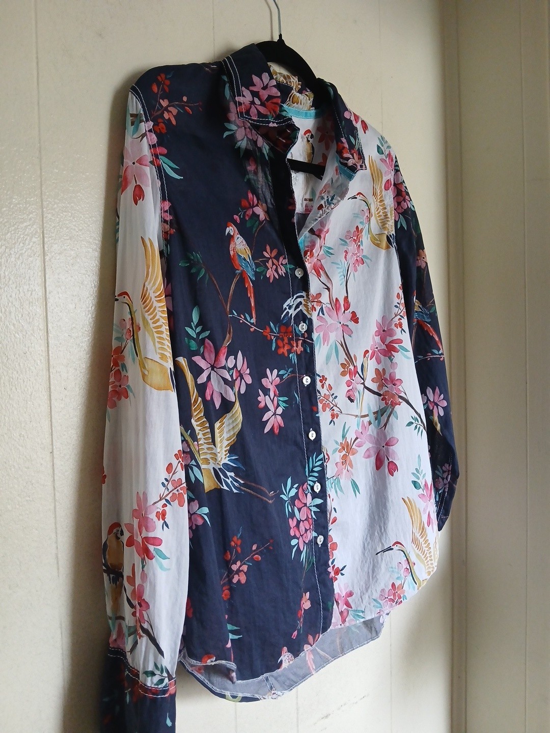 Cino Floral Botanical Bird Print Button Down Blouse Tab Sleeve 100% Cotton Sz M