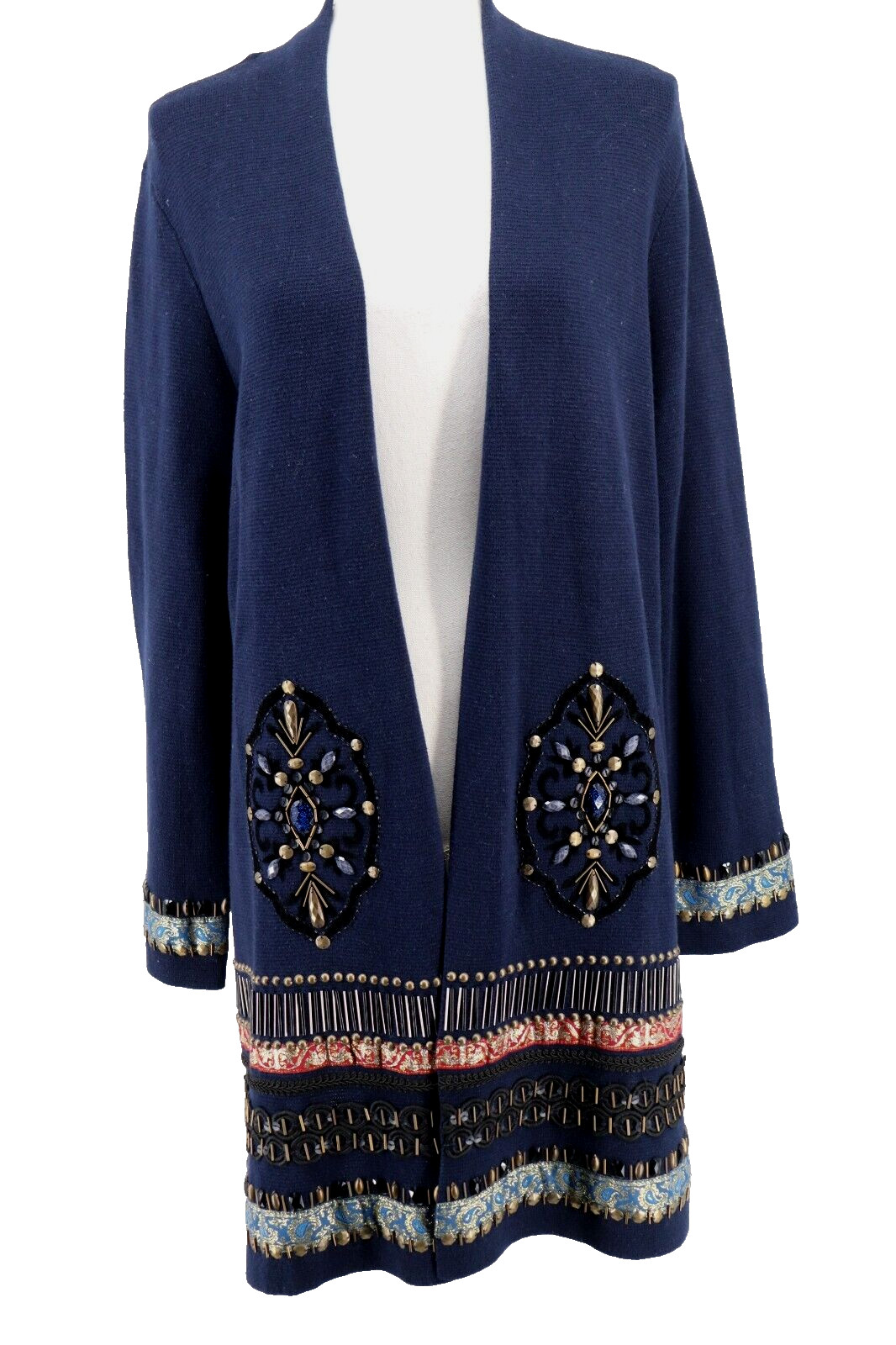 Chicos 3 Beaded Embroidered Cardigan Womens XL Petite Navy Long Sweater PXL New