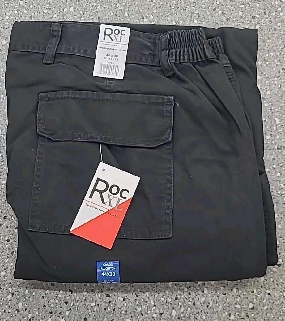 ROCXL Men’s Cargo Pants Expandable Waist Black 100% Cotton Sizes 44 x 30 NEW NWT