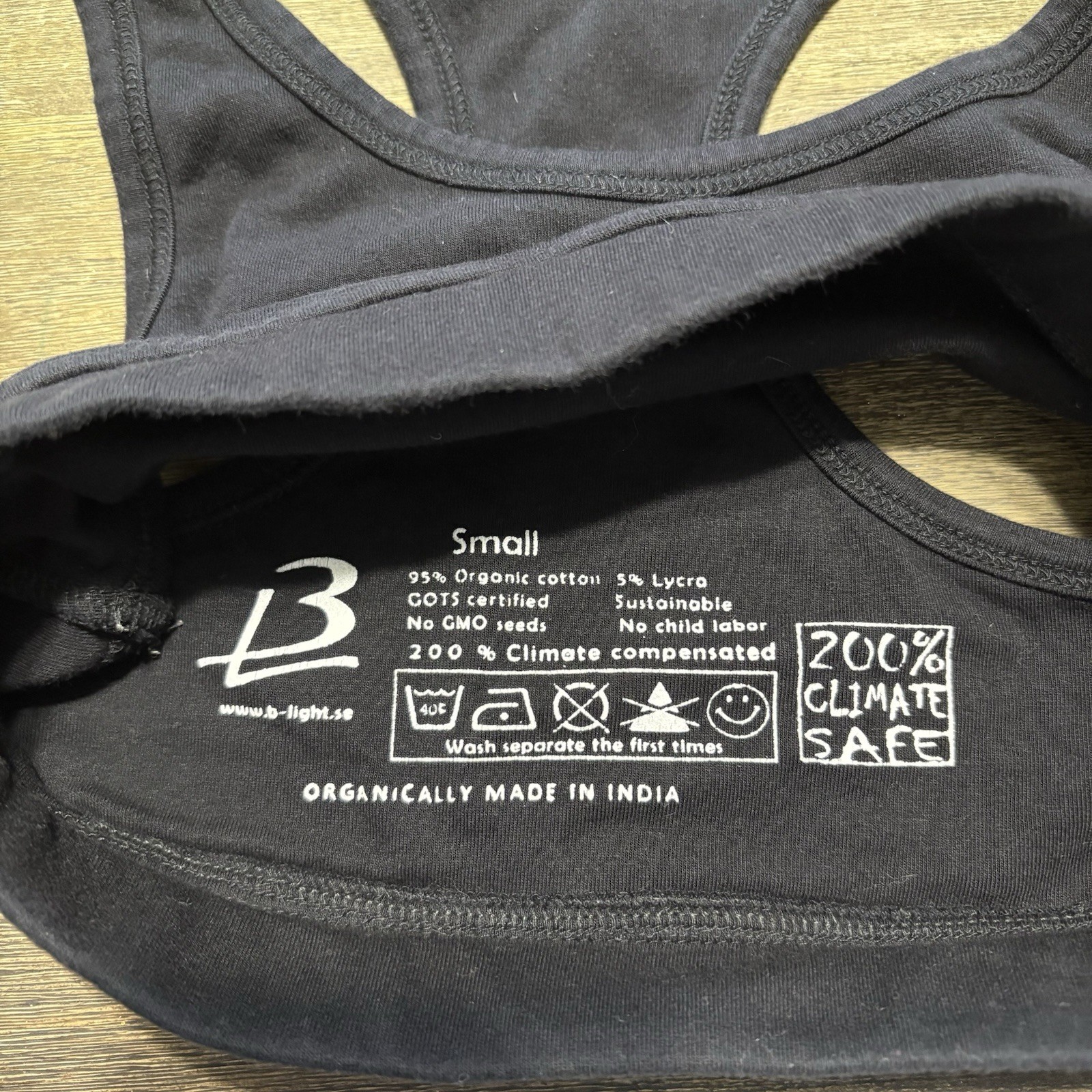 B-light Sweden Black Sports Bras Small Organic Cotton Climate Safe MSRP $80