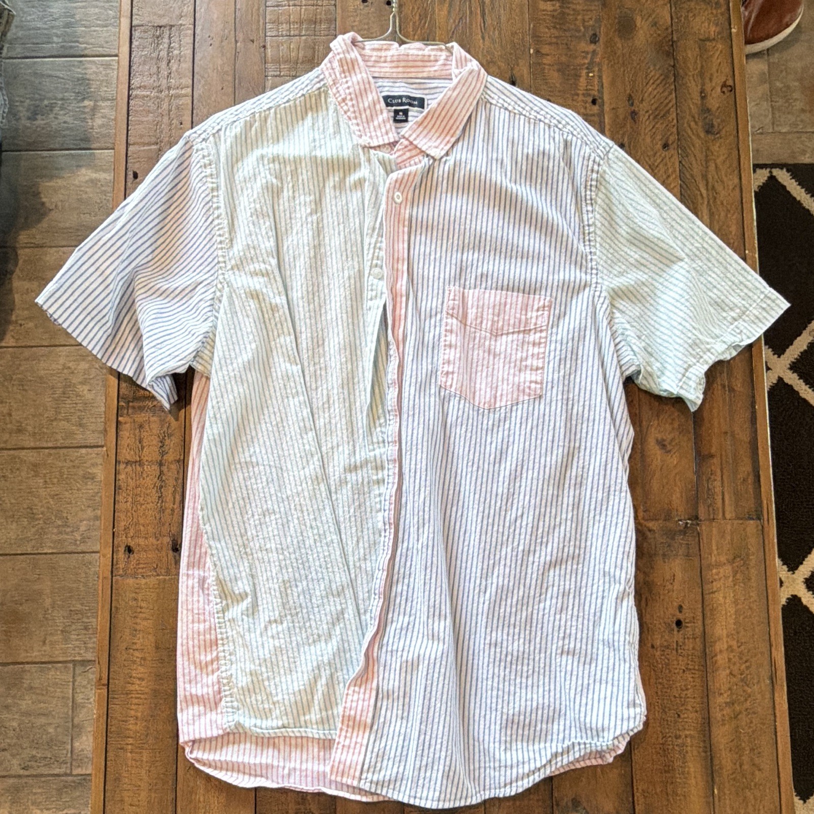 Club Room Men’s White/Blue/Pink/Green Striped Woven SS Button-Up Pockets XL