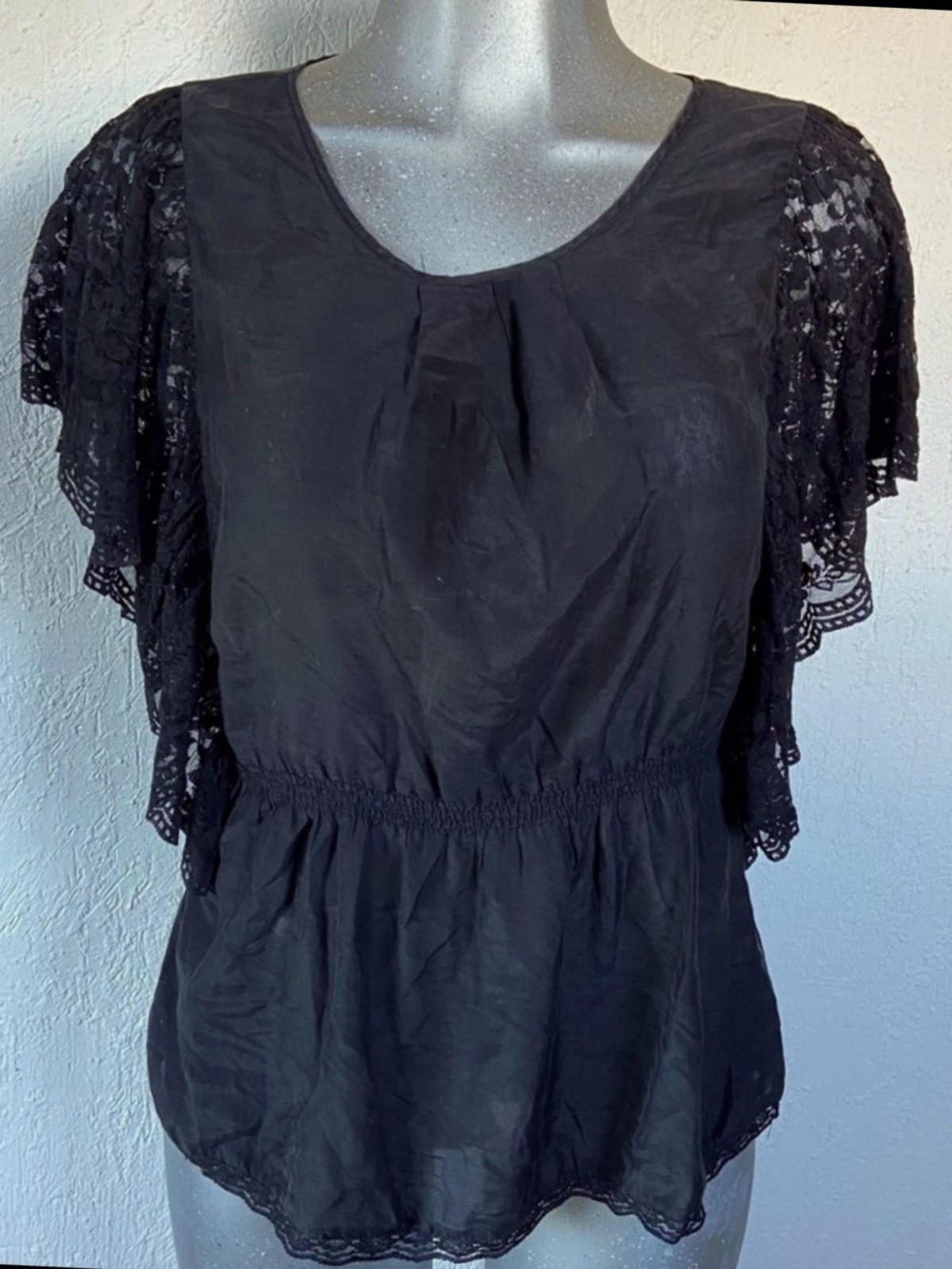 Twentyone Steampunk Fairy-Goth Cotton/Silk Blouse Top Lace Batwing Sleeve Large