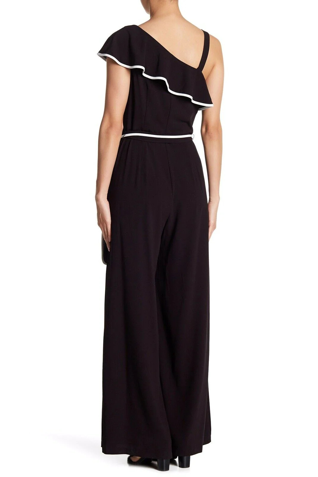Gabby Skye One Shoulder Ruffle Gaucho Jumpsuit Black & Ivory Size 10 $150
