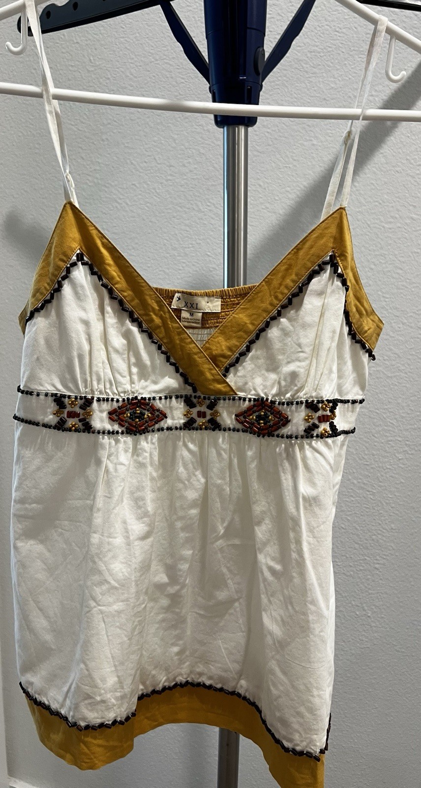 Vintage XXI Forever 21 Beaded Bohemian Tank Top White Mustard Yellow Empire M