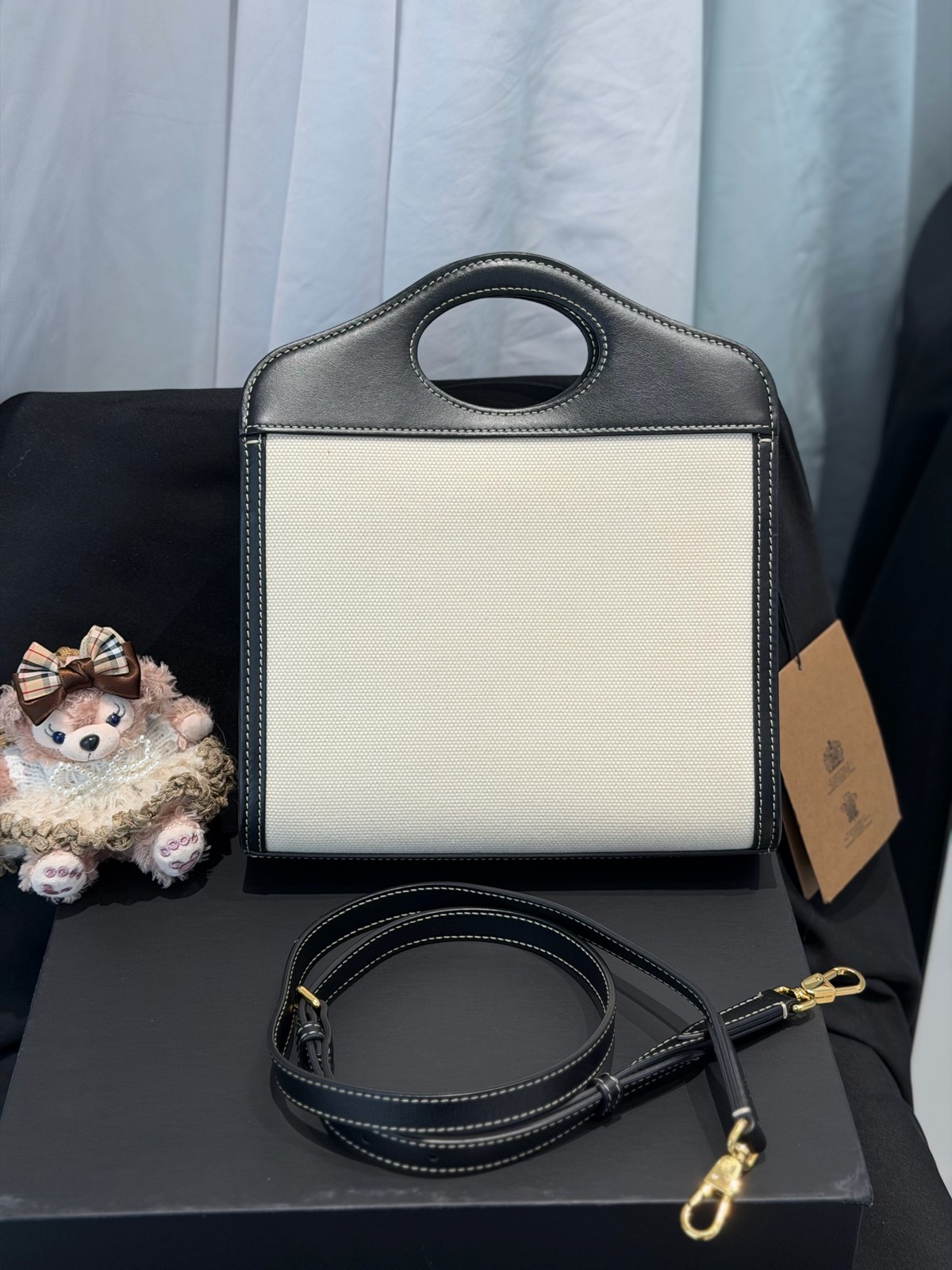 Burberry Pocket Bag Small Beige&Black Canvas Calfskin 3-Way Crossbody Shoulder B