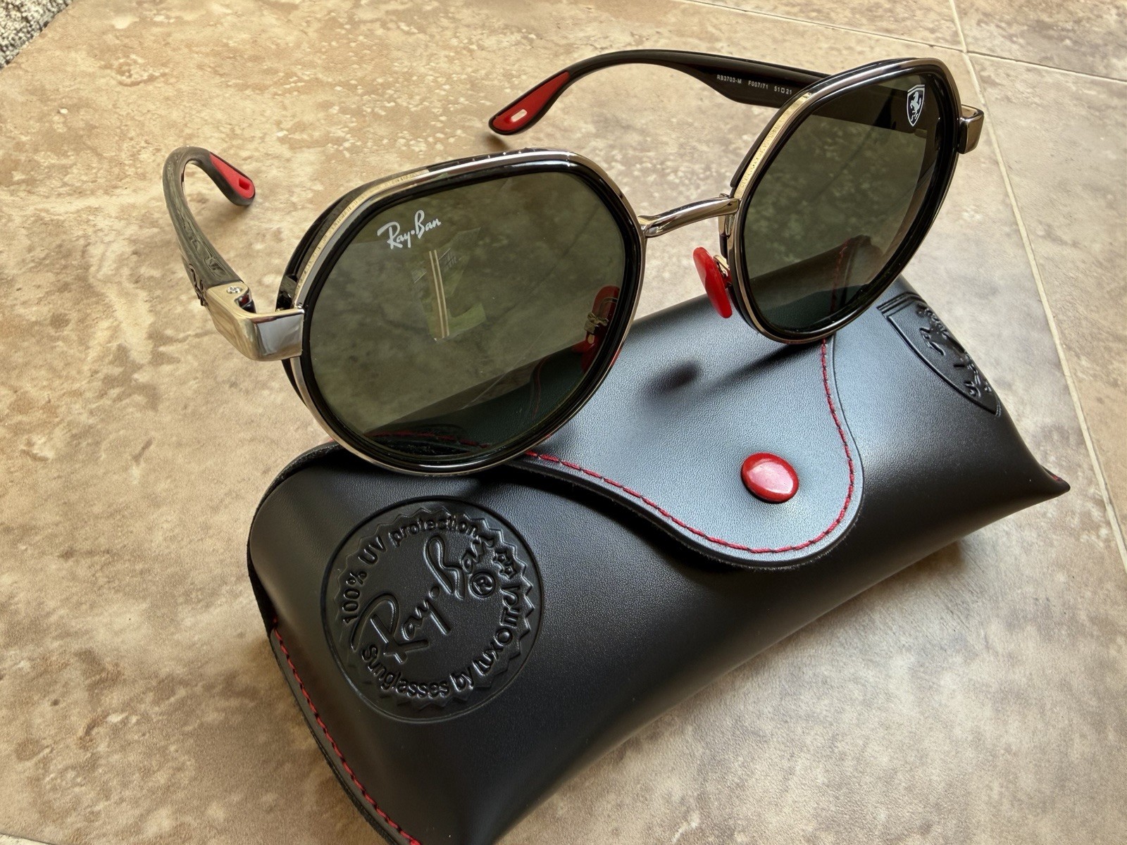 Ray-Ban Scuderia Ferrari Sunglasses Silver/Red Frame Green Lens RB3703M