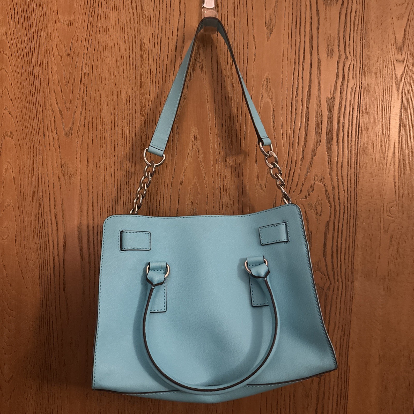 New Michael Kors Hamilton Satchel Leather Chain-Strap Satchel Aquamarine