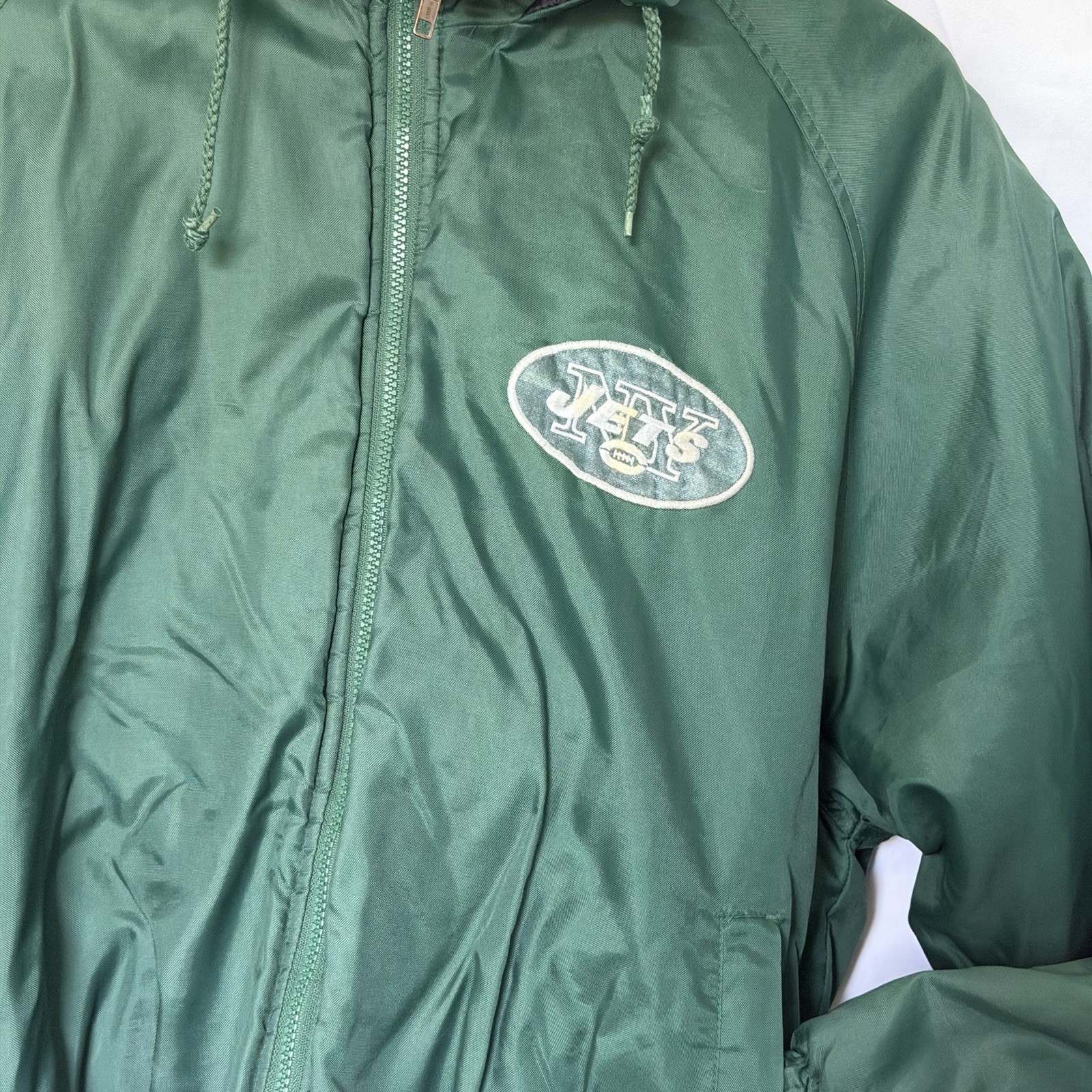Vintage 90s NY Jets NFL Game Day Sports Mens Large Green Puffer Football Jacket