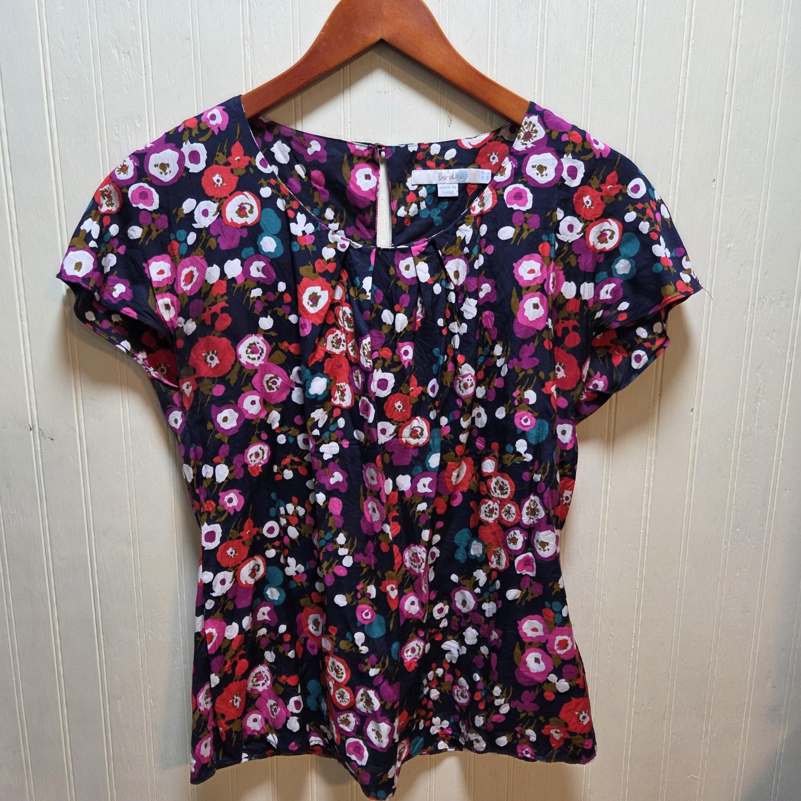 Boden Blouse Womens 6 Multicolor Round Neck Short Cap Sleeve Floral Top