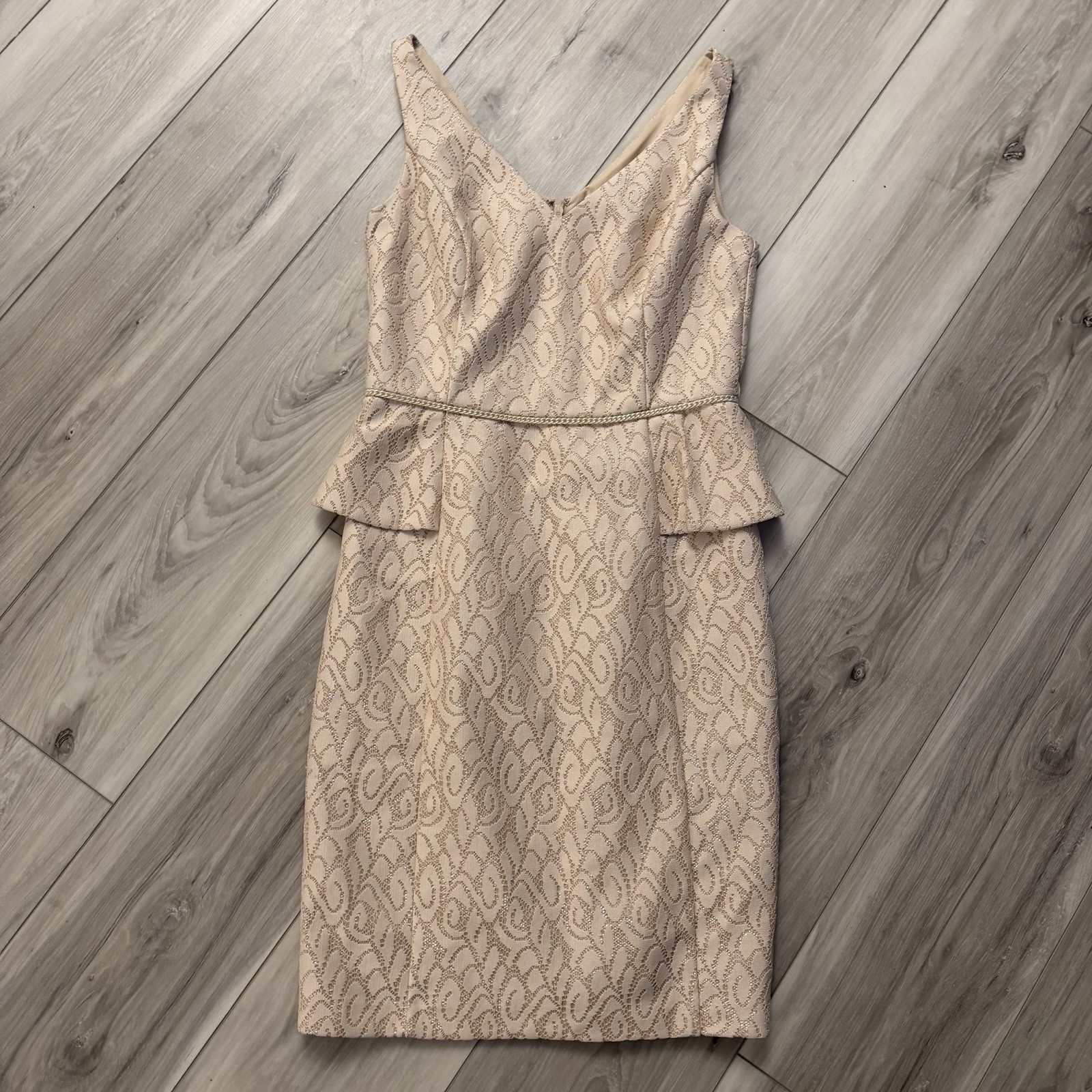 Belle Badgley Mischka Champagne Gold Peplum Dress Size 4 Wedding