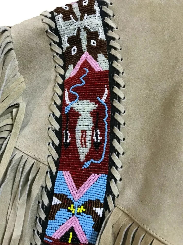 Men Western Cowboy Suede Fringe Jacket Beaded Native American Leather Jacket