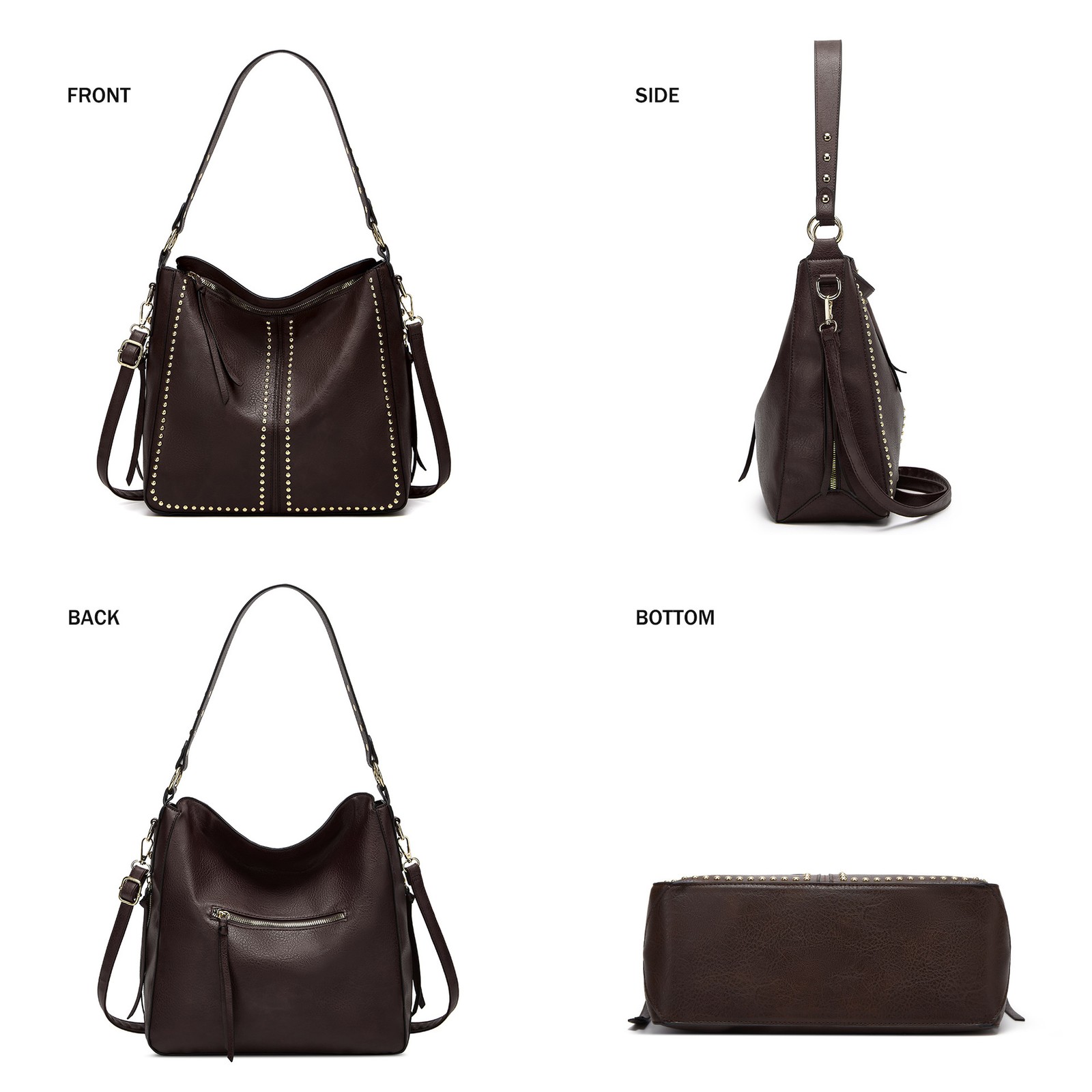 Soft PU Rivet Hobo Shoulder Bag Large Capacity Crossbody Tote Purse With Wallet